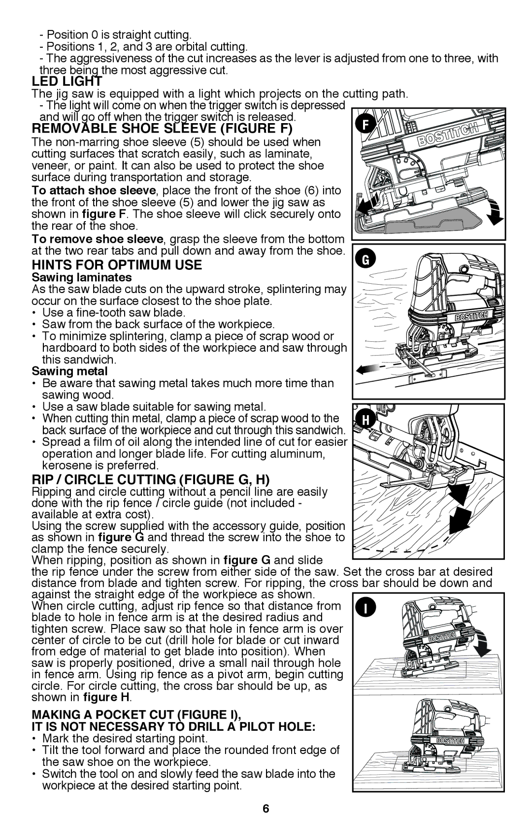 Bostitch BTE340K LED Light, Removable shoe sleeve Figure F, Hints for optimum use, Rip / Circle Cutting Figure G, H 